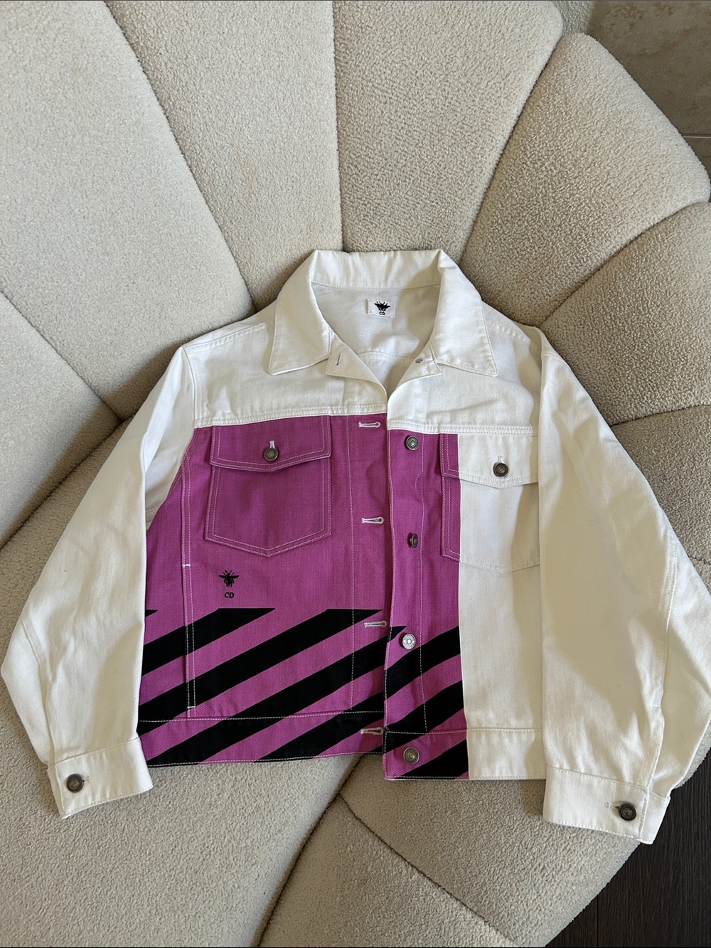 Dior White and Purple Colorblock Denim Jacket with Black Stripes